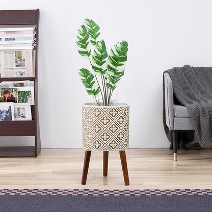 naclto 10 Inch Planter with Stand, Plant Pot for Indoor Plants, Large Modern Flower Pots Indoor Outdoor with Drainage for Home Garden Patio, White ＆ Gold