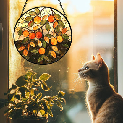 Stained Glass Suncatcher, Orange Green Fruit Tree Sun Catcher Landscape Stain Glass Window Hanging Decoration Mother's Day Birthday Gifts for Women Men Mom Nana 9.8 in