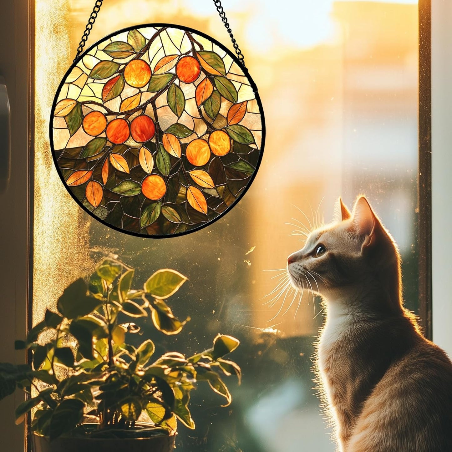 Stained Glass Suncatcher, Orange Green Fruit Tree Sun Catcher Landscape Stain Glass Window Hanging Decoration Mother's Day Birthday Gifts for Women Men Mom Nana 7.8 in