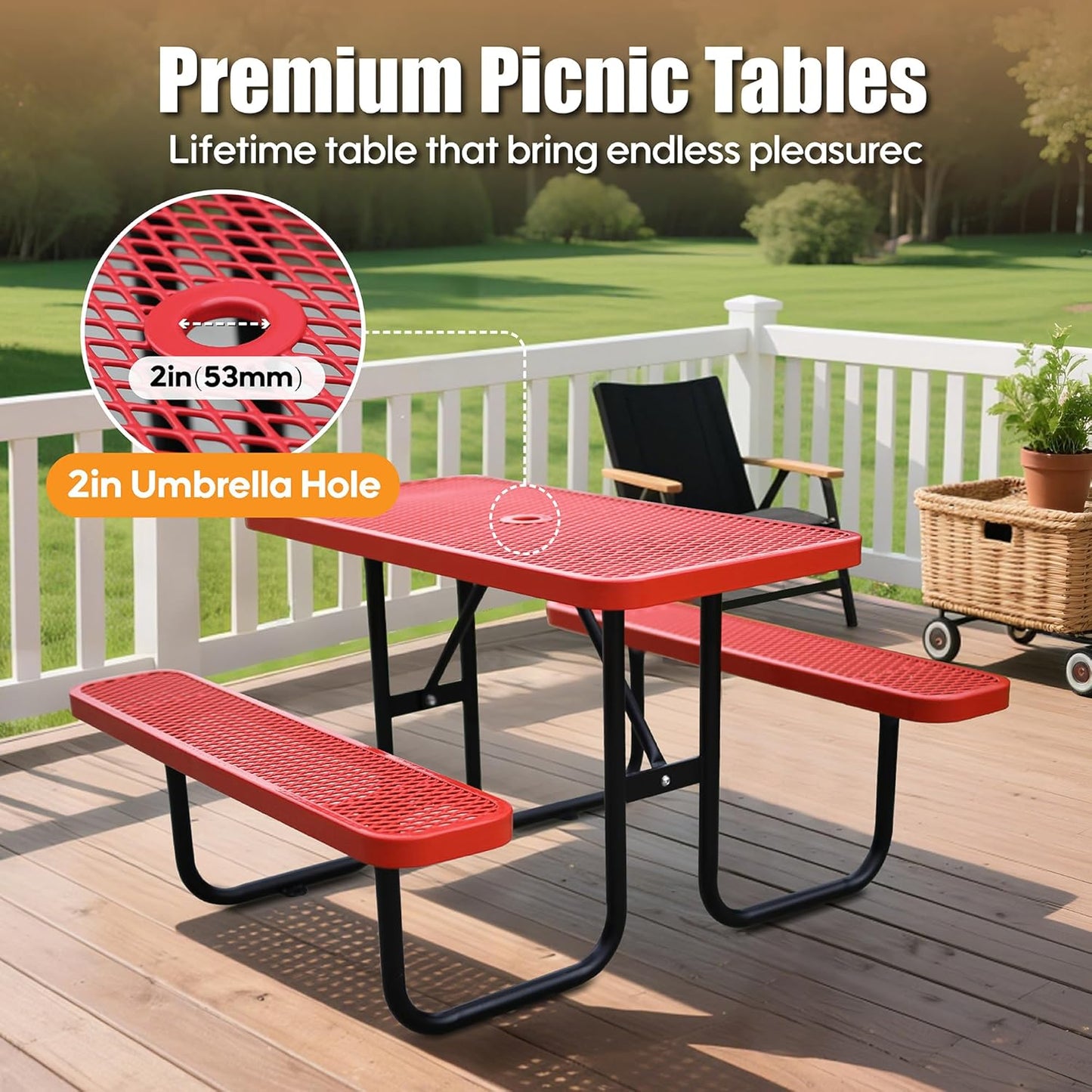 4FT Metal Picnic Tables for Outdoors, Commercial Rectangular Picnic Table and Bench Set for Outside, Patio, Garden, Backyard, Porch, Surface Mount, Red
