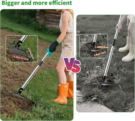 Weeding Puller Tool with Long Handle, 11 Tooth Manual Weed Rake Weeder Remover Tool Gardening with Gloves, Dandelion Gardenia Uprooting Tool for Yard, Lawn, Patio and Garden