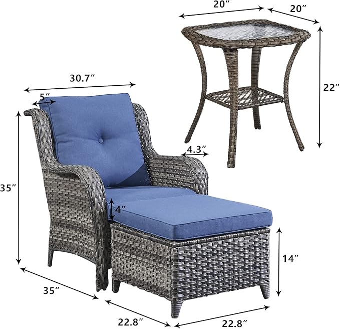 Rilyson Wicker Patio Furniture Set - 5 Piece Rattan Outdoor Sectional Conversation Sets with 2 Chairs,2 Ottomans and 1 Side Table for Porch Deck Garden(Mixed Grey/Blue)