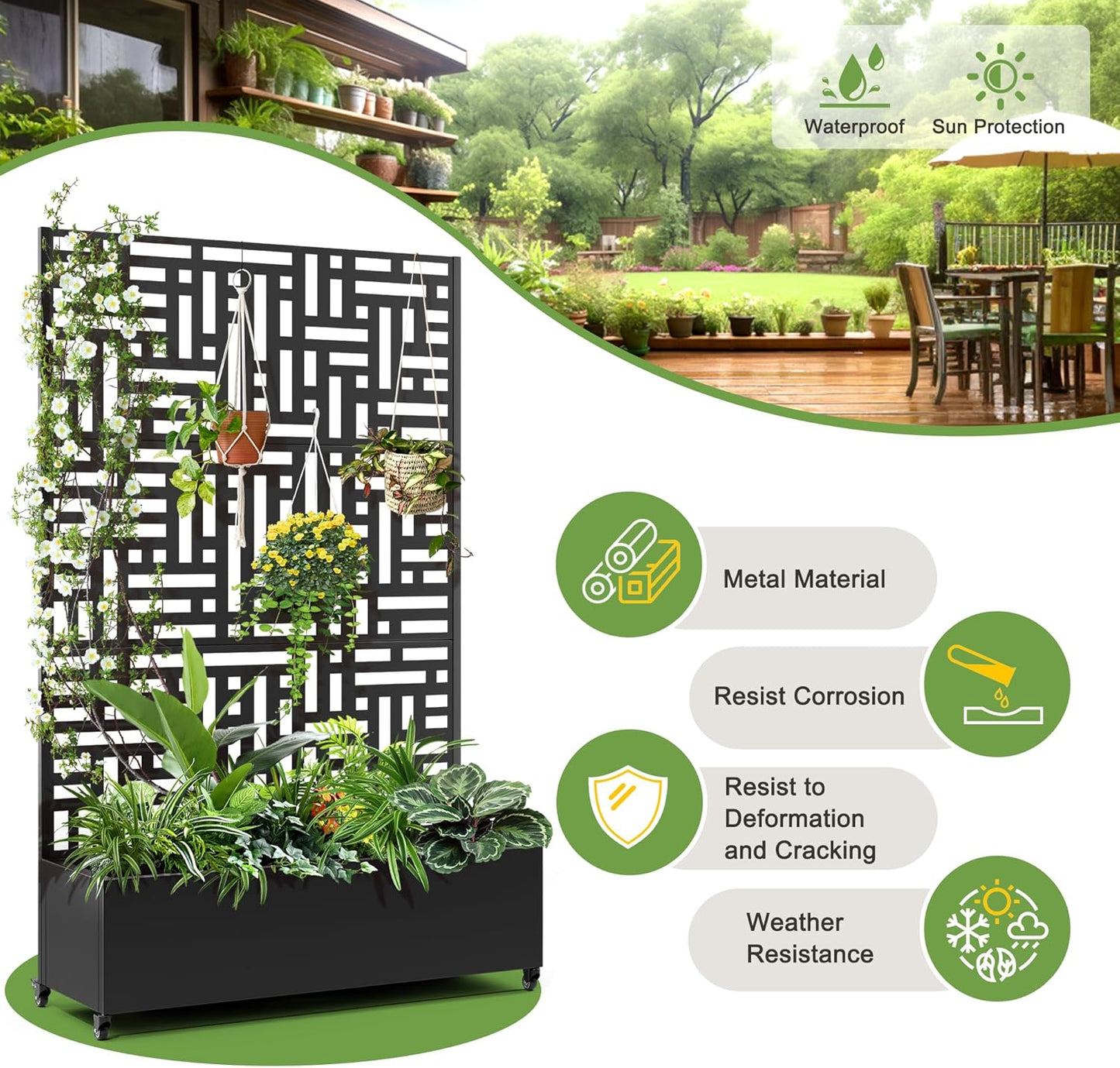 FENCY Metal Raised Garden Bed with Wheels and Trellis,73"x47"x16" Planter Box for Climbing Plants, Vegetables & Vines, Features Privacy Screen and Drainage Holes (Black-Geometric Lattice)