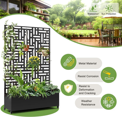 FENCY Metal Raised Garden Bed with Wheels and Trellis,73"x47"x16" Planter Box for Climbing Plants, Vegetables & Vines, Features Privacy Screen and Drainage Holes (Black-Geometric Lattice)