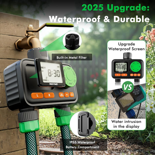 [2 Pack] RESTMO 2 Zone Sprinkler Timer, Programmable Water Timer for Garden Hose, Automatic Digital Control | Manual ON/Off | Rain Delay for Outdoor Faucet, Drip Irrigation and Lawn Watering System