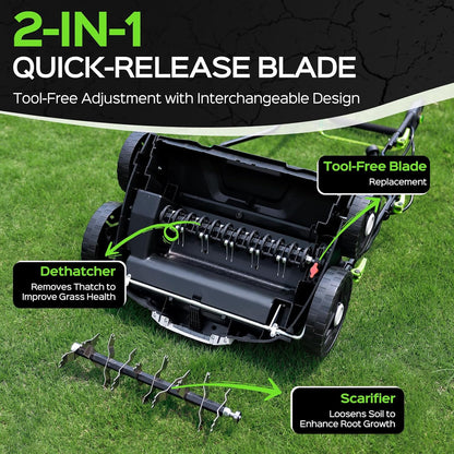 16-Inch 15.5 Amp 2-in-1 Electric Dethatcher and Scarifier with 14.5-Gallon Removable Thatch Collection Bag, Lawn Dethatcher with 5-Position Depth Adjustment, Quick-Fold, Keeps Lawn Healthy