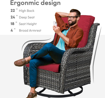 5 Piece Outdoor Patio Furniture Set - Wicker Furniture Patio Conversation Set, Outdoor Swivel Rocker Chairs with 3-Seater Sofa and 2 Ottomans for Small Space, Red Cushion
