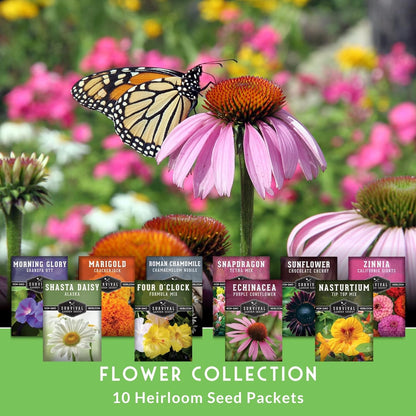 Survival Garden Seeds 10 Flower Collection - Four O’Clock, Chamomile, Shasta Daisy, Purple Coneflower, Marigold, Morning Glory, Nasturtium, Snapdragon, Sunflower, Zinnia - Non-GMO Heirloom Varieties