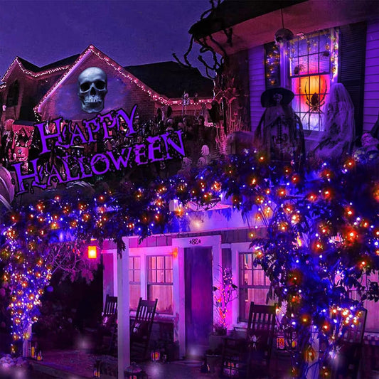 2 Pack 400 LED Solar String Lights, 8 Modes Solar String Lights for Outside, Waterproof and Solar Powered Outdoor String Lights for Holiday Christmas Yard Garden Tree Wedding Party (Orange Purple)