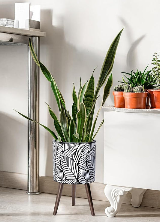 D'vine Dev 12 Inch Planter Pot with Stand, Mid-Century Tall Plant Pot with Legs for Indoor Plants, Large, White/Grey, 88-L-C-7