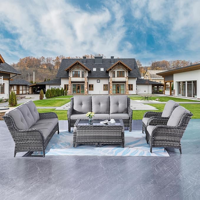 Rilyson Wicker Patio Furniture Sofa Set - 7 Piece Rattan Outdoor Patio Sectional Conversation Sets with 2 Sofa,2 Armrest Chairs,1 Coffee Table and 2 Ottomans for Porch Deck Garden(Mixed Grey/Grey)