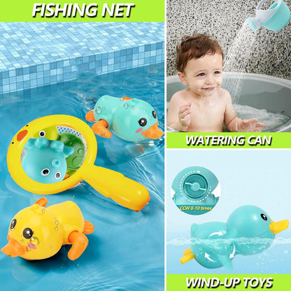 Bath Toys for Babies 6-12+ Months, Wind-up Ducks Bath Toys for Kids Ages 1-3, No Hole Baby Bath Toy Ocean Animal Floating Pool Toys for Toddlers, Water Toys Fishing Net Watering Can