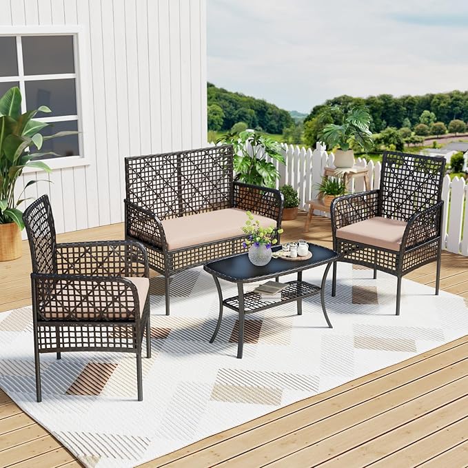4-Piece Patio Furniture Set, Weather-Resistant Rattan Patio Conversation Set with Two-Tier Coffee Table, Upholstered Openwork Wicker Furniture for Porch, Garden, Lawn, Khaki