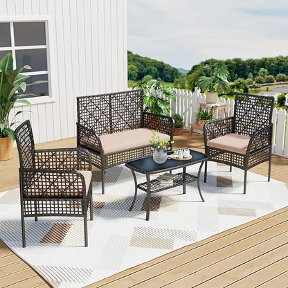4-Piece Patio Furniture Set, Weather-Resistant Rattan Patio Conversation Set with Two-Tier Coffee Table, Upholstered Openwork Wicker Furniture for Porch, Garden, Lawn, Khaki