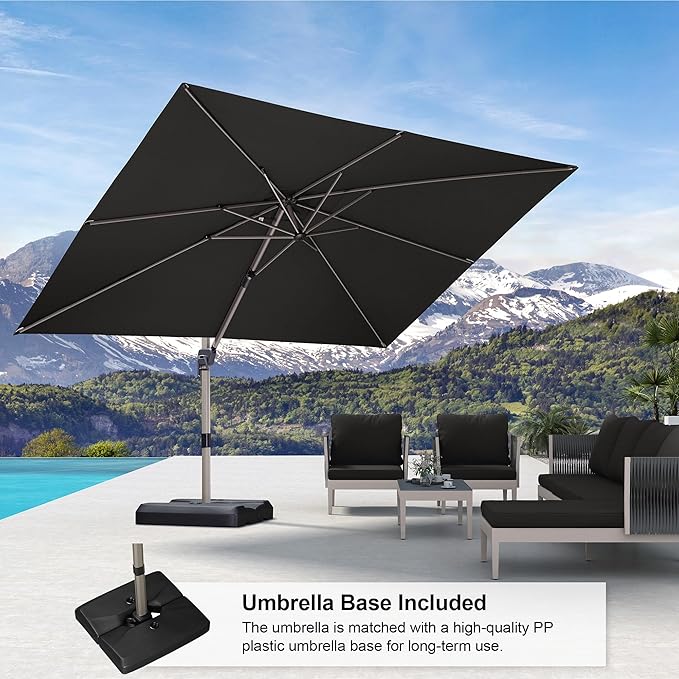 PURPLE LEAF 9' x 11' Patio Umbrella with Base Cantilever Umbrella Rectangular Outdoor Offset Umbrella with Champagne Frame and 360° Rotation for Garden Deck Pool, Grey
