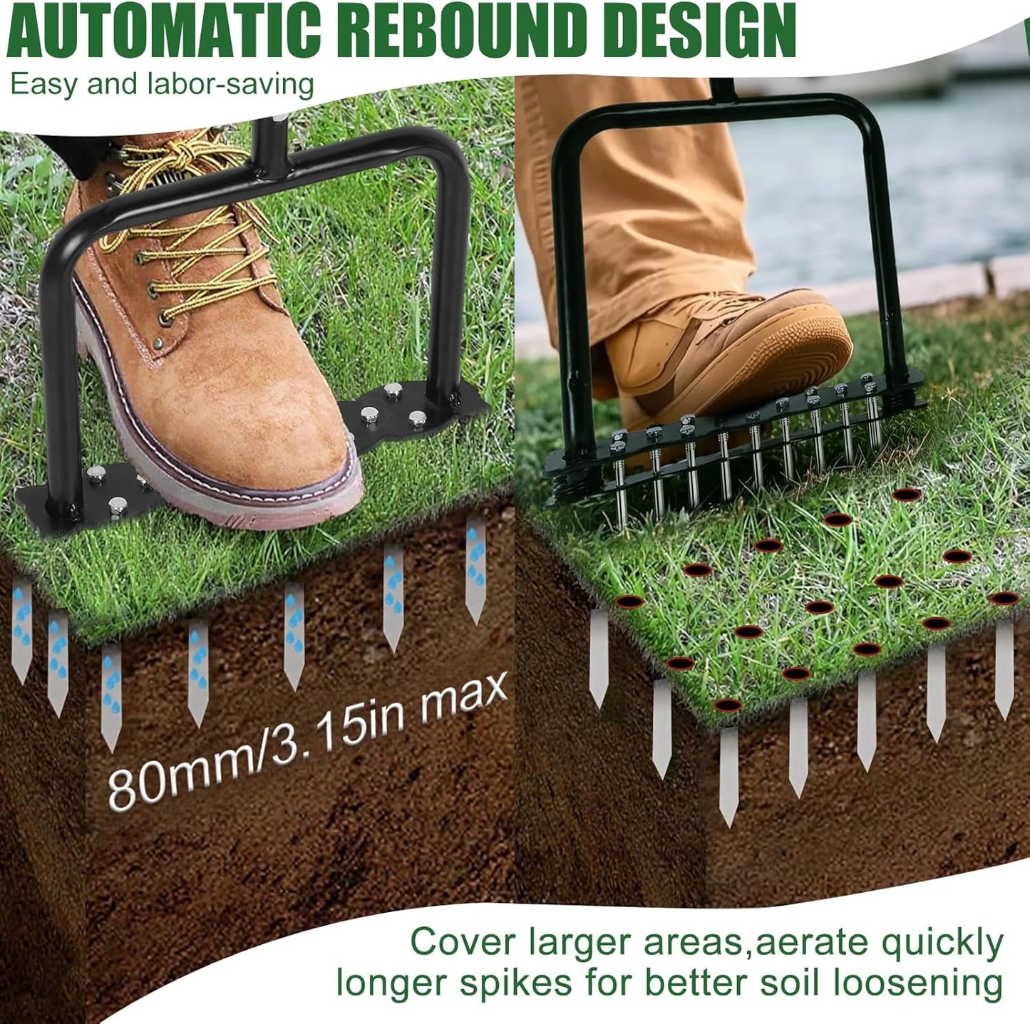 Lawn Aerator Tool,Manual Stainless Steel Spike Aerator Lawn Tool with Spring Base, Automatic Dirt and Leaf Clean Design, Adjustable T-Handle, Soil Loosening, Yard Aerating, Garden Tool Black