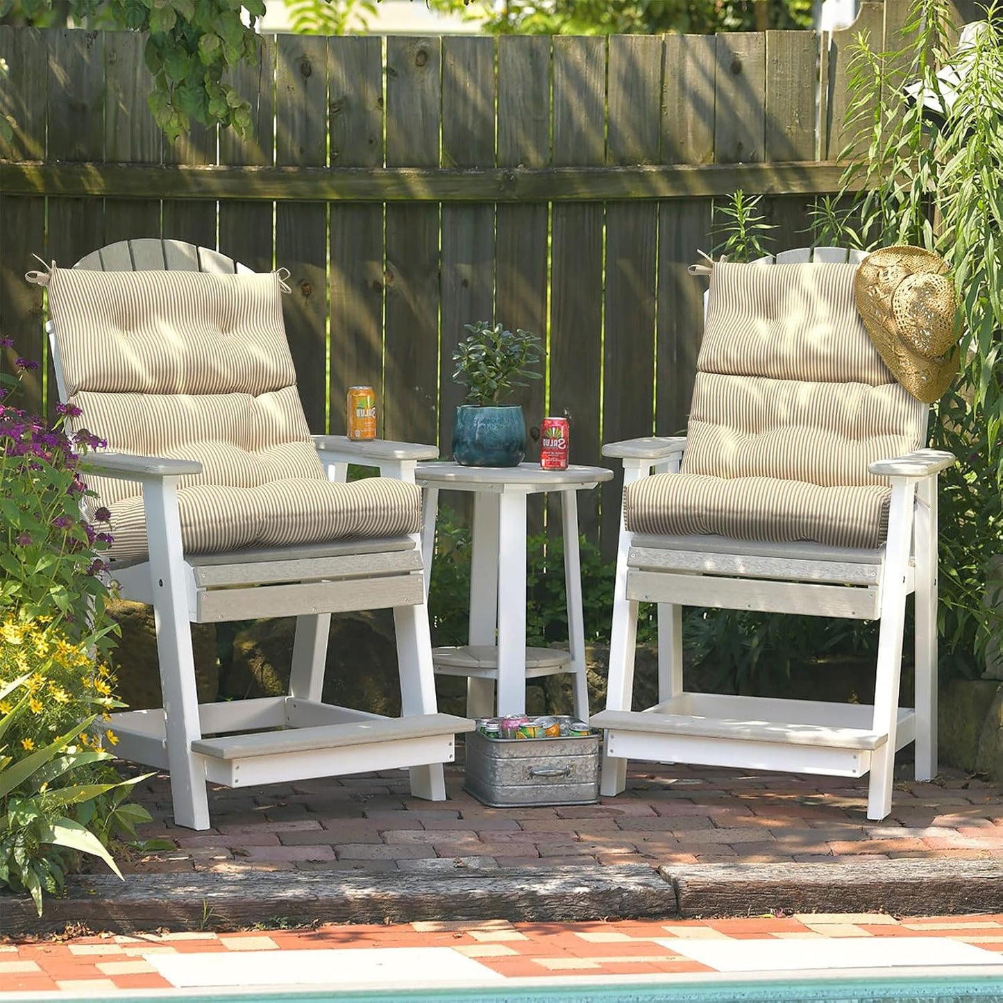 LVTXIII Outdoor Seat and Back Chair Cushion Patio Tufted High Back Cushion with Ties, Seasonal Replacement Rocking Chair Cushion for Home Office Garden Use, 44” L x 22” W, Set of 2, Stripe Beige