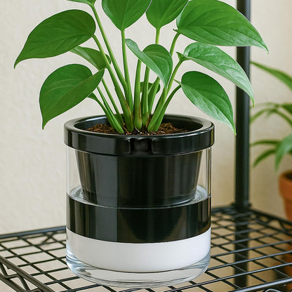 D'vine Dev 8 Inch Design Self Watering Planter for Indoor Plants, Black Terracotta Pot with Cylinder Glass Cup, 37-X-C-3
