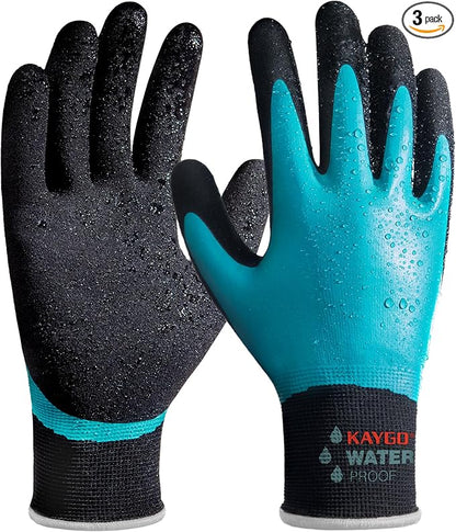 KAYGO Waterproof Work Gloves for Men and Women, Rubber Coated Non-slip Working Gloves for Garden, Outdoor Construction,3 pairs,Blue,XL