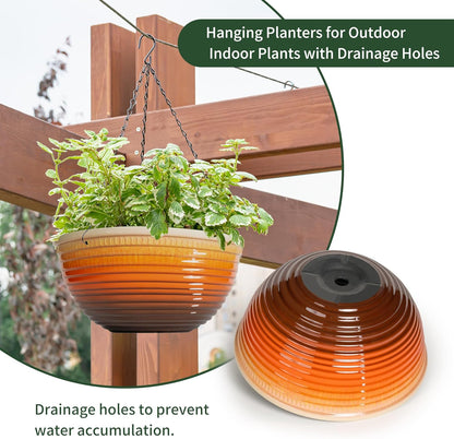 12 inch Hanging Planters for Indoor Outdoor Plants, 2 Pack Large Hanging Flower Pots with Drainage Holes and Chain, Glazed Hanging Baskets for Home Garden Decoration, Orange