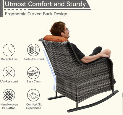 1 PC Outdoor Rocking Chair, Wicker Patio Rocker Chair for Yard, Porch, Mixed Brown Grey Rattan, Orange Cushions