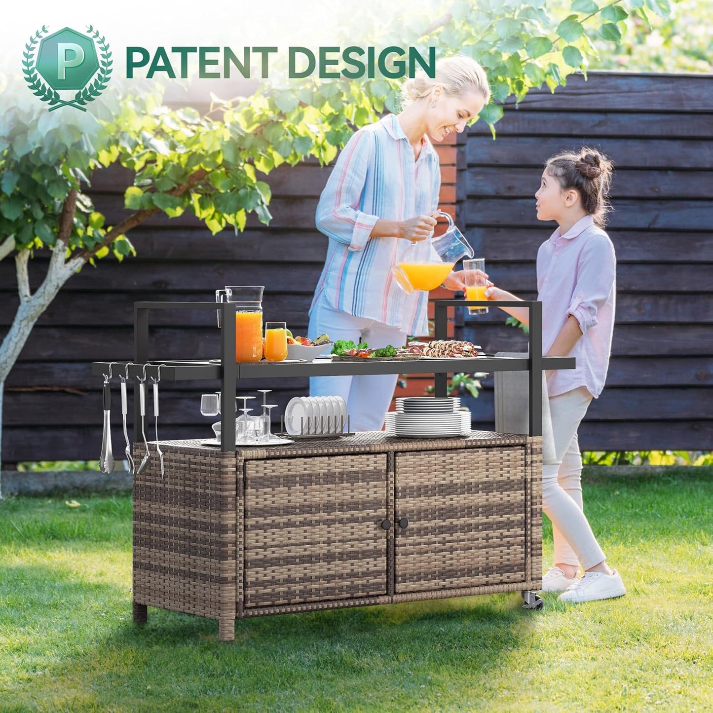 YITAHOME Large Outdoor Kitchen Wicker Island Rolling Cart & Patio Bar Table, w/Wheels and Black Glass Table Top Backyard and Poolside Light Brown