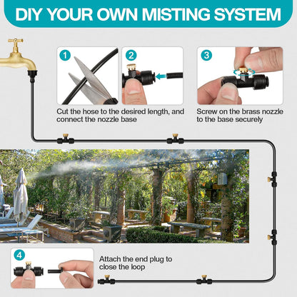 OnBrand Patio Water Misters for Cooling Outdoor, 100FT Mister for Outside with 3/4" Adapter and Filter, Misting Cooling System with 2 T-Joints and 30 Brass Nozzles for Greenhouse Trampoline Coop