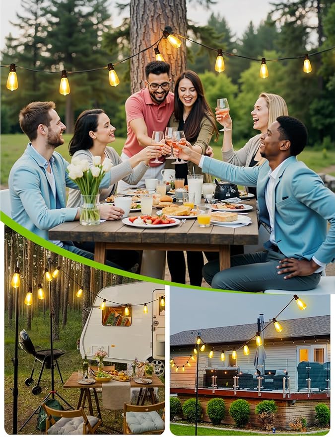 48FT Solar String Lights Outdoor with Remote, Waterproof Dimmable Patio Lights with 15+1 LED ST38 Bulbs 3 Modes Hanging Lighting for Backyard