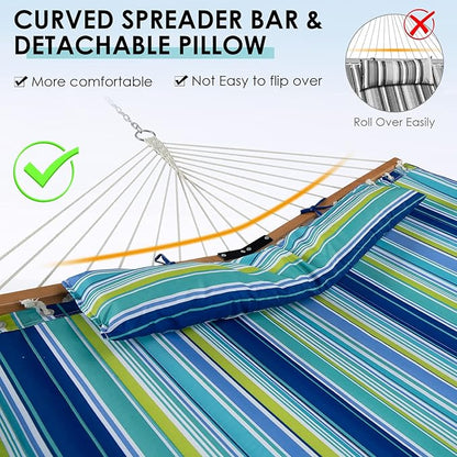 Tangkula 10.5FT Double Hammock, Heavy Duty Outdoor Hammock with Curved Spreader Bars, Detachable Pillow, 2 Person Hammocks for Outside, Porch, Patio (Stand is not Included) (Blue+Green)