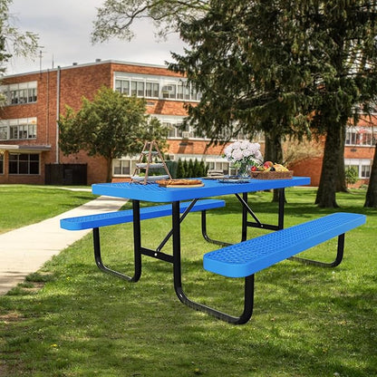72'' Rectangular Steel Picnic Table for Outdoors,Commercial Metal Picnic Table Bench Set with Umbrella Hole,School Canteen Table W/Seats - Heavy Duty Sturdy Picnic Tables Furniture for Patio Garden