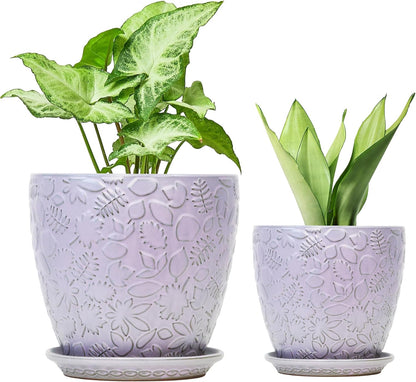 8 Inch + 6 Inch Retro Ceramic Planter Set of 2 with Drainage Hole and Saucer for Multiple Plants, Indoor-Outdoor Garden Pots for Succulent, Orchid, and Flower (Retro Purple)