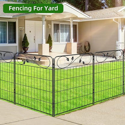 Decorative Outdoor Garden Fence 30in(H) X12ft(L) 6 Panels+7 Stakes Leaf Black Metal Garden Fencing for Landscape Lawn Patio, Temporary Animal Barrier Fences for Dogs