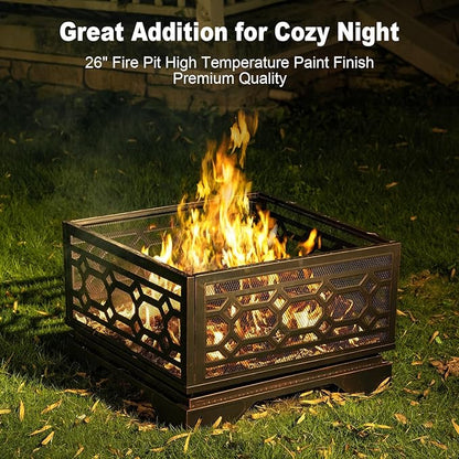 Outdoor Fire Pit, 26 Inch Wood Burning Firepit for Outside with Mesh Cover & Fire Poker, Large Square Metal Fireplace for Patio, Backyard, Garden, Bonfire Party