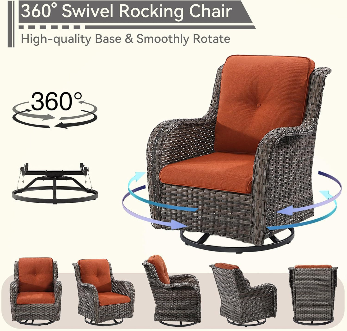 Wicker Patio Furniture Set 6 Piece, Outdoor Furniture Patio Conversation Set Includes 1 Three-Seat Sofa, 2 Swivel Rocker Chairs, 2 Ottomans and 1 Side Table,Orange