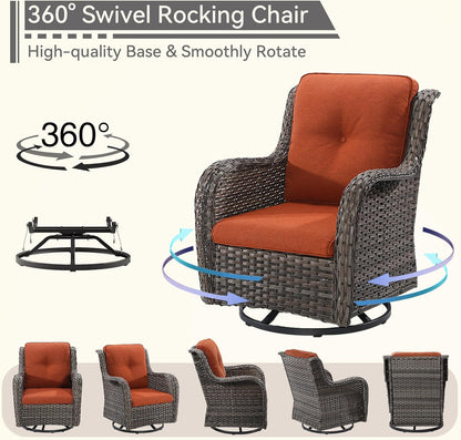 3 Pieces Outdoor Furniture Set - Patio Wicker Swivel Rocker Chair Set of 2 and 1 Side Table, Orange, Mixed Brown Rattan, Suitable for Porch, Yard