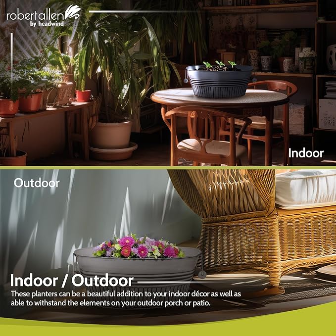 Headwind Vintage Collection 14-Inch Rustic White Oval Galvanized Tub with Handles – Metal Wash Basin Planter - Galvanized Metal Tub for Indoor & Outdoor Use by Robert Allen