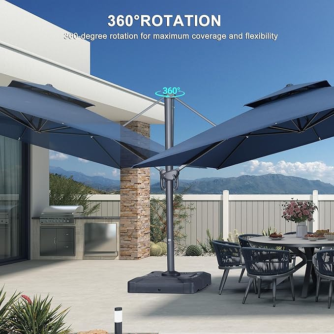 PURPLE LEAF 12 FT Cantilever Patio Umbrella Outdoor Umbrella with 330lbs Base Large Square Windproof Offset Umbrella for Pool Deck Garden, Ocean Slate