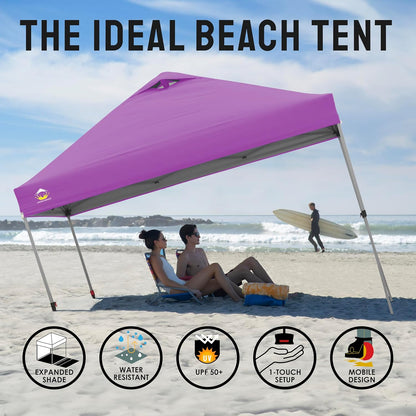 CROWN SHADES 10x10 Pop Up Canopy - Beach Tent with One Push Setup - Easy Outdoor Sun Shade for Events, Parties, Camping - Gazebo with STO-N-Go Cover Bag, Silver Coated Top, Purple