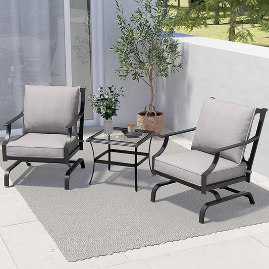 Grand patio Rocking Chairs Patio Chairs Bistro Sets Conversation Chair Indoor Outdoor Chat Set Motion Chair A Comfortable Shake of 5-10° Unique Design Patio Set with Grey Cushions 3-Piece