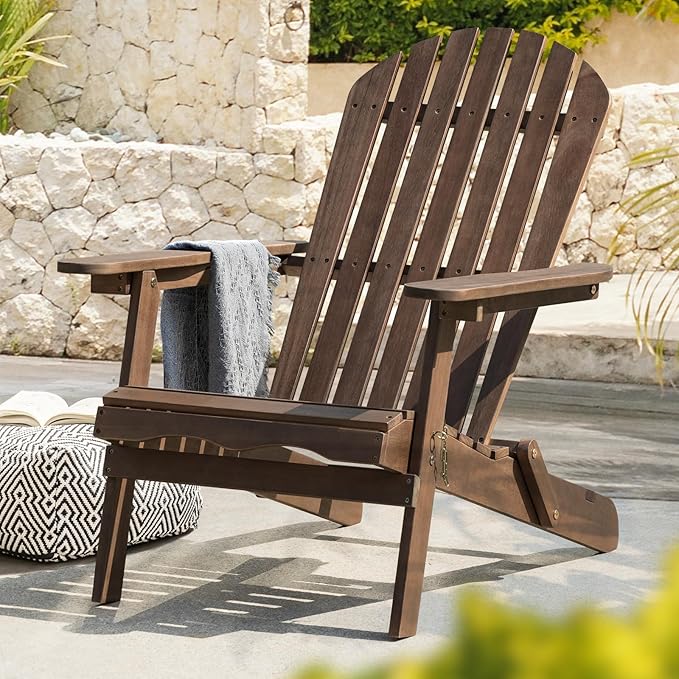 IDZO Outdoor Wooden Folding Adirondack Pre-Assembled BackRest, Wood Patio Chair for Garden Backyard Porch Pool Deck Firepit
