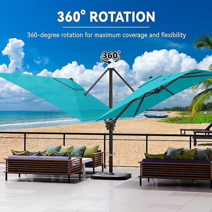 9' X 12' Cantilever Patio Umbrella with Base Included 360°Rotation Rectangular Outdoor Large Offset Umbrellas Heavy Duty Windproof for Garden Deck Pool, Turquoise