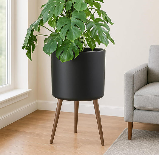 D'vine Dev 16 Inch Planter Pot with Stand, Mid-Century Tall Plant Pot with Legs for Indoor Plants, XX-Large, Black, 88-O-E-2