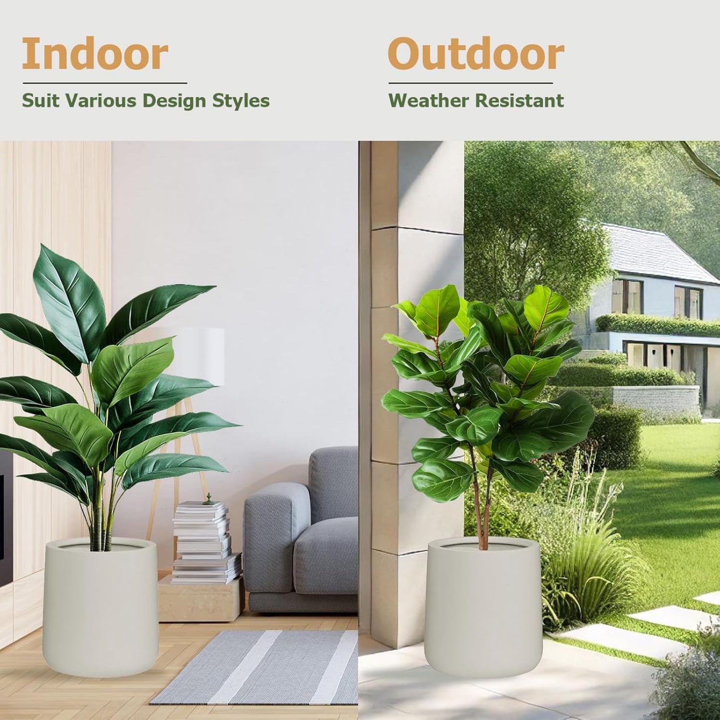 14" H x 13.7" D Conico Fiberstone Round Planter with Drainage Hole, Smooth Finishes, Weather Resistant for Indoor and Outdoor Use, Included 2 Extra Coco Mats (Taupe, 10.6" Pot Opening)