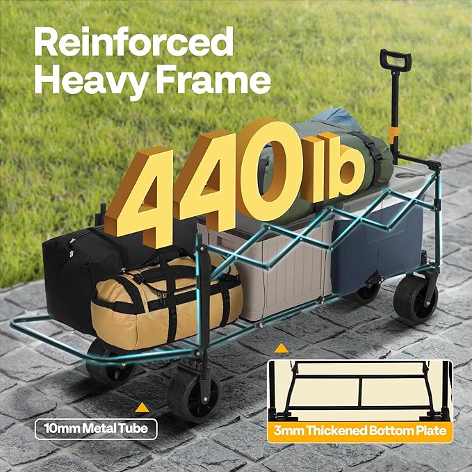 VIVOHOME 48''L Extended Collapsible Wagon Cart with 440lbs Weight Capacity, Heavy Duty 350L Folding Utility Garden Cart with Extended Tailgate and Big All-Terrain Beach Wheels