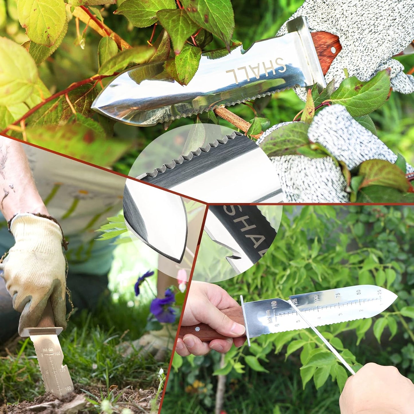 SHALL Hori Hori, Japanese Garden Knife, Soil Knife with Leather Sheath, Rosewood Handle & Hide Rope, 7” Stainless Steel Blade, Rope Cutting Edge, for Digging, Weeding, Planting, Full-Tang