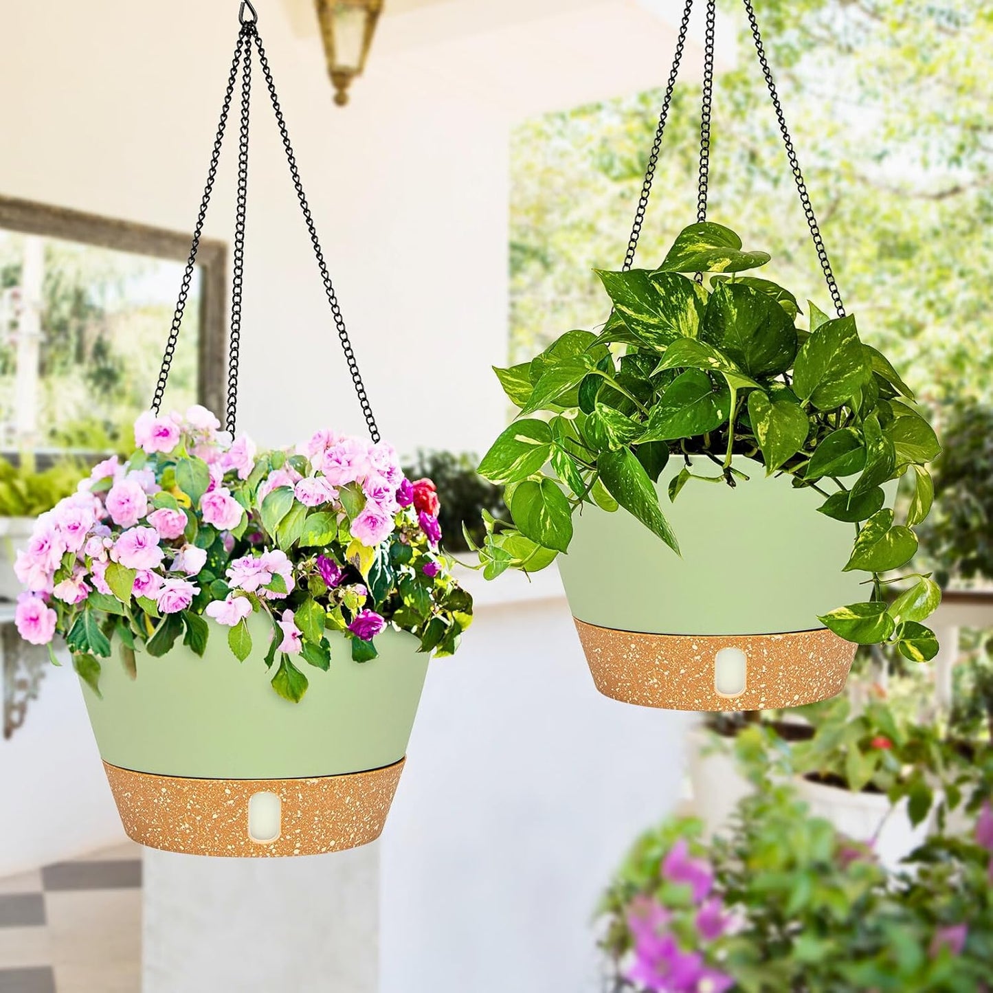 QCQHDU 2 Pack Hanging Planters for Indoor Outdoor Plants, 10 Inch Hanging Baskets Flower Pots with Reservoir Tray & Visible Water-Level