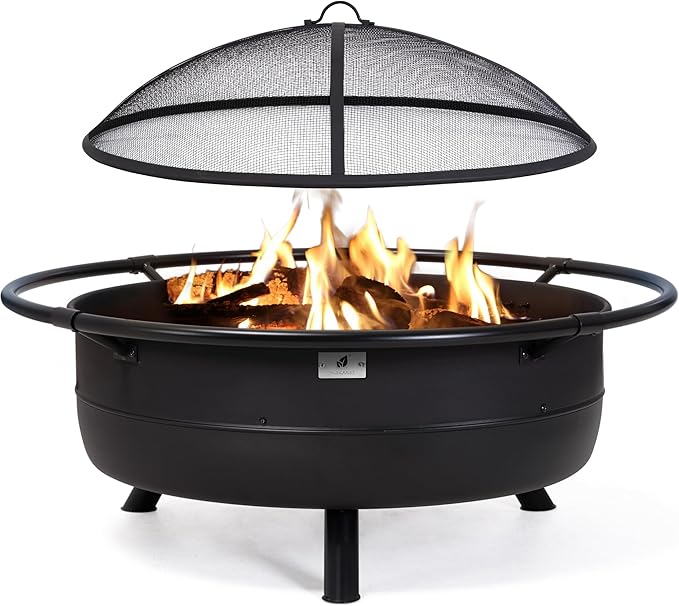 SUNCREAT 42" Outdoor Portable Fire Pit with Spark Screen, Fire Poker, Wood Burning Patio Fire Pits with Protective Ring, Black