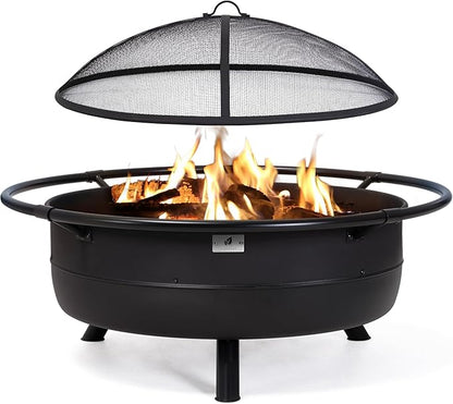 SUNCREAT 42" Outdoor Portable Fire Pit with Spark Screen, Fire Poker, Wood Burning Patio Fire Pits with Protective Ring, Black