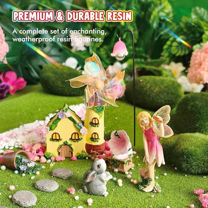 DONABELA Fairy Garden Kit Pink Mini Windmill House Decor Set Rabbit Flower Pot Supplies Signpost CD Player Resin Figurines Accessories Gift Indoor Outdoor Yard