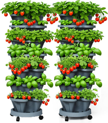 7 Tiered Strawberry Planters 2 Pack, Vertical Stackable Planter, Herb Stacking Tower Garden, Flower and Vegetable Planters with Support Pole Indoor and Outdoor with Removable Wheels Dark Grey
